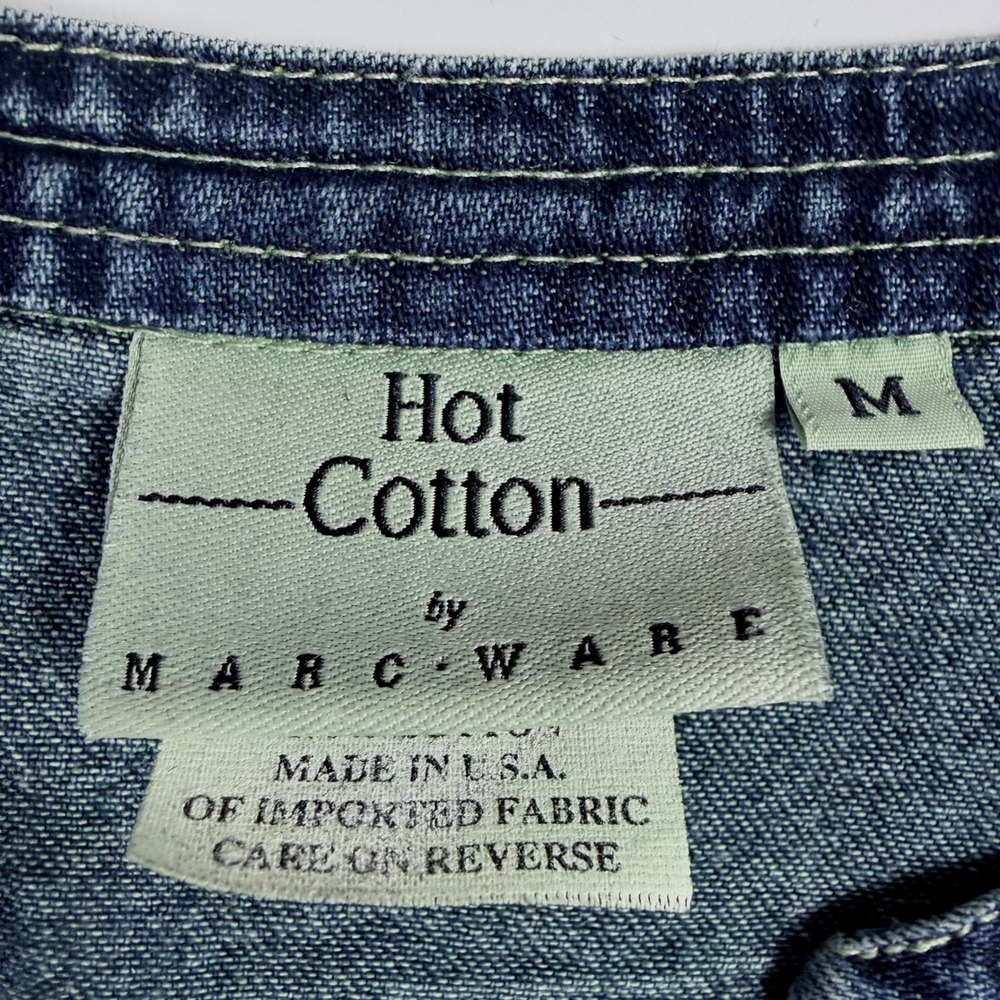 Lagenlook Western Vintage Hot Cotton Blue Denim Split Neck Snap Front Shirt M - Picture 3 of 8